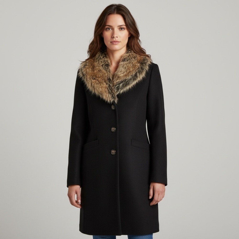Moda International Black Pea Coat with Faux Fur Trim